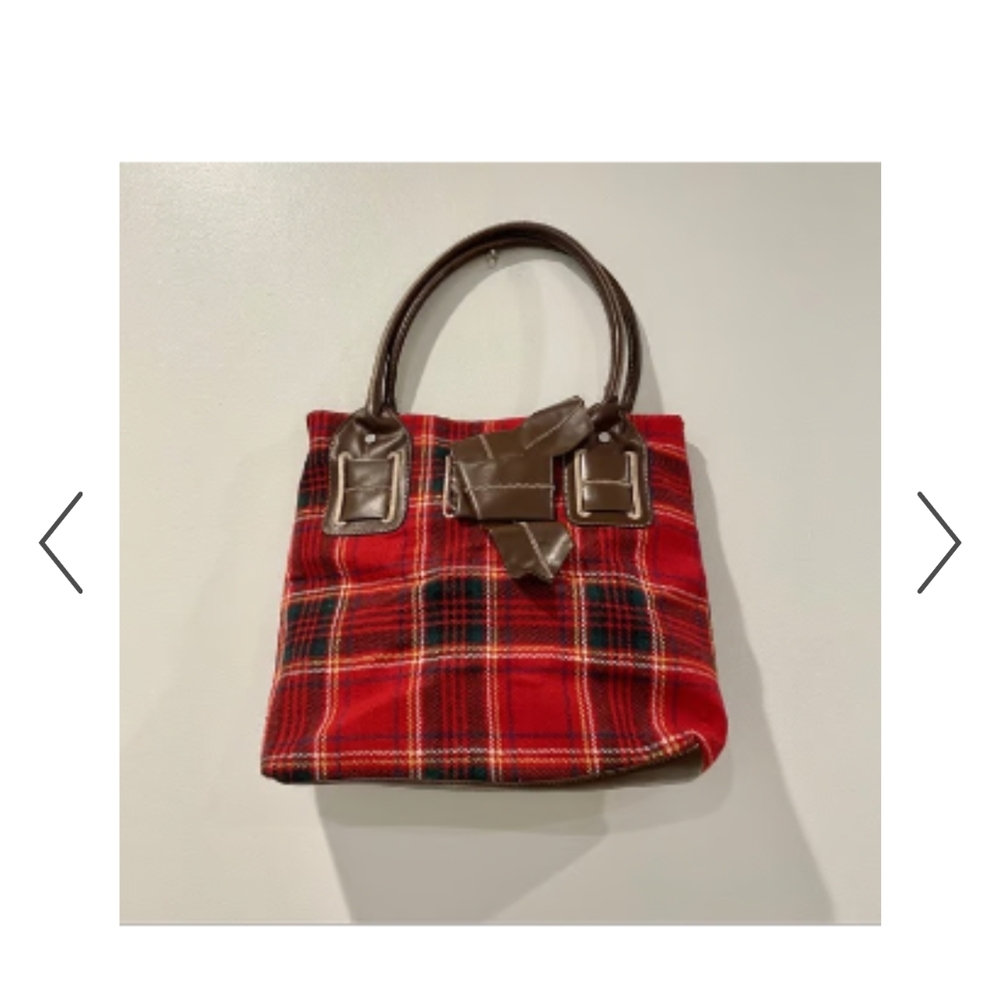 Tommy Hilfiger Red Plaid Shoulder Bag with Brown Handles